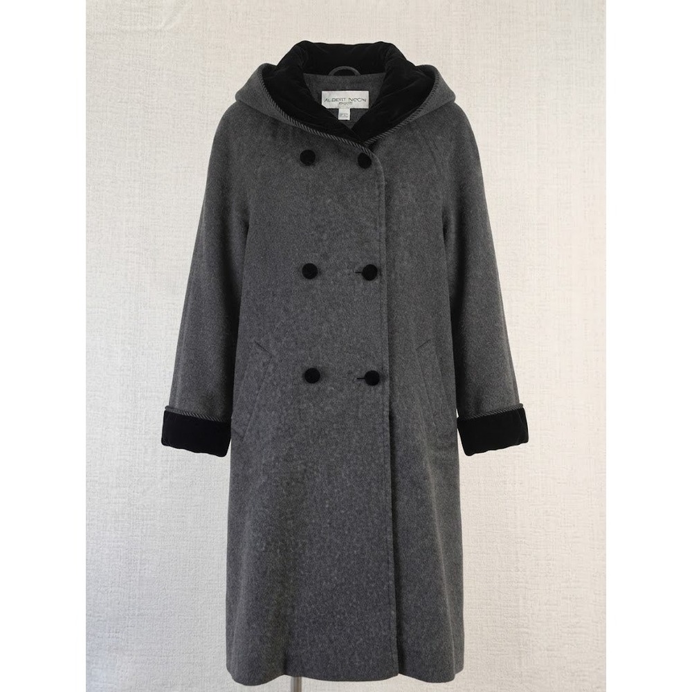 Vintage Albert Nipon Studio Grey Wool Double Breasted Hood Coat Velvet Trim USA